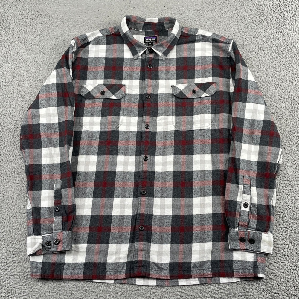 Patagonia Shirt Mens XXL Grey Fjord Flannel Plaid Organic Cotton Long Sleeve